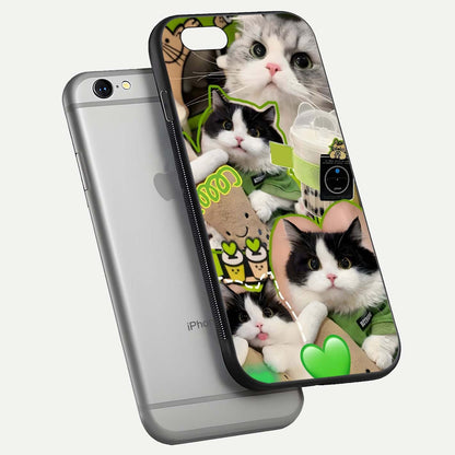 Matcha Cats Mood Glass Case for iPhone 16 Pro floating dual-view mockup showing HD gloss surface and soft tones