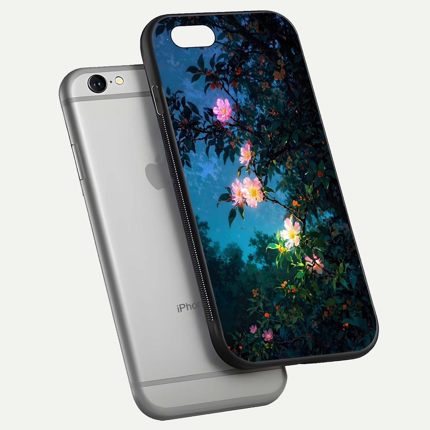 Midnight Bloom Glow Glass Case for iPhone 16 Pro floating dual-view mockup showing HD gloss and floral contrast
