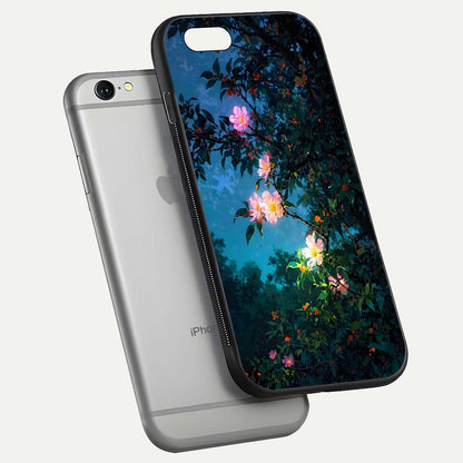 Midnight Bloom Glow Glass Case for iPhone 16 Pro floating dual-view mockup showing HD gloss and floral contrast