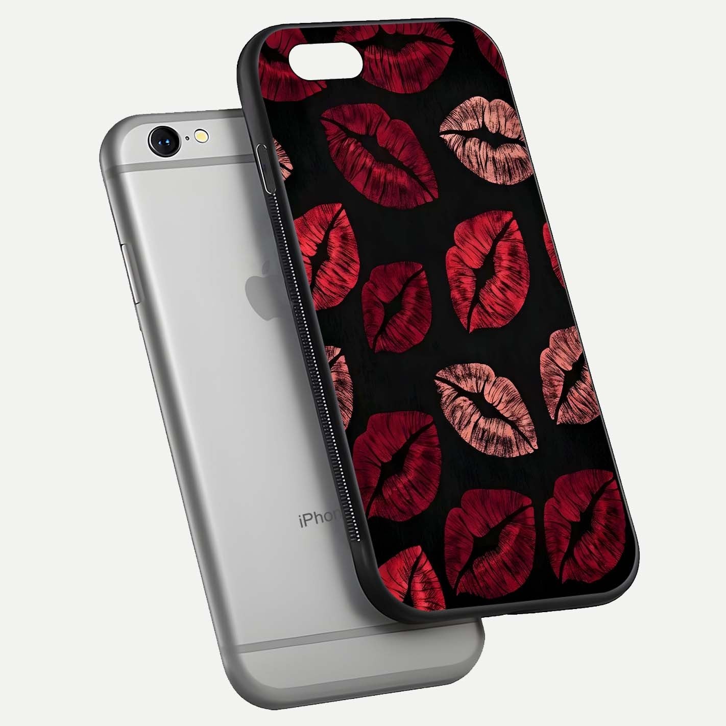 Midnight Kiss Love Glass Case for iPhone 16 Pro floating dual-view mockup showing HD gloss and elegant edge design