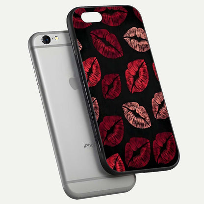 Midnight Kiss Love Glass Case for iPhone 16 Pro floating dual-view mockup showing HD gloss and elegant edge design