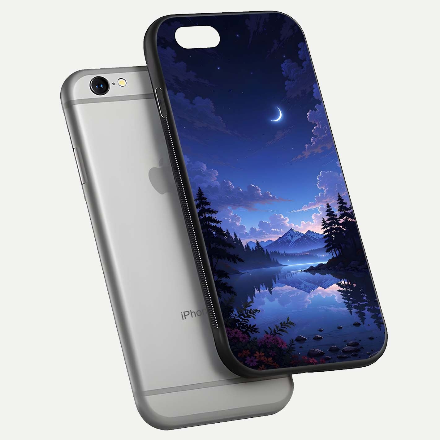 Midnight Lake Peace Glass Case for iPhone 16 Pro floating dual-view mockup showing gloss finish and peaceful art