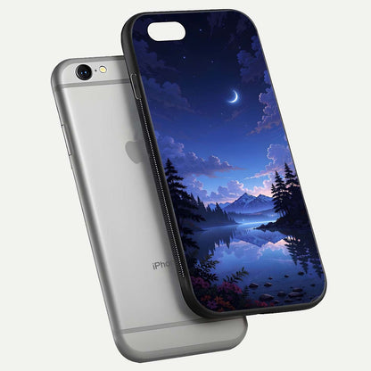 Midnight Lake Peace Glass Case for iPhone 16 Pro floating dual-view mockup showing gloss finish and peaceful art