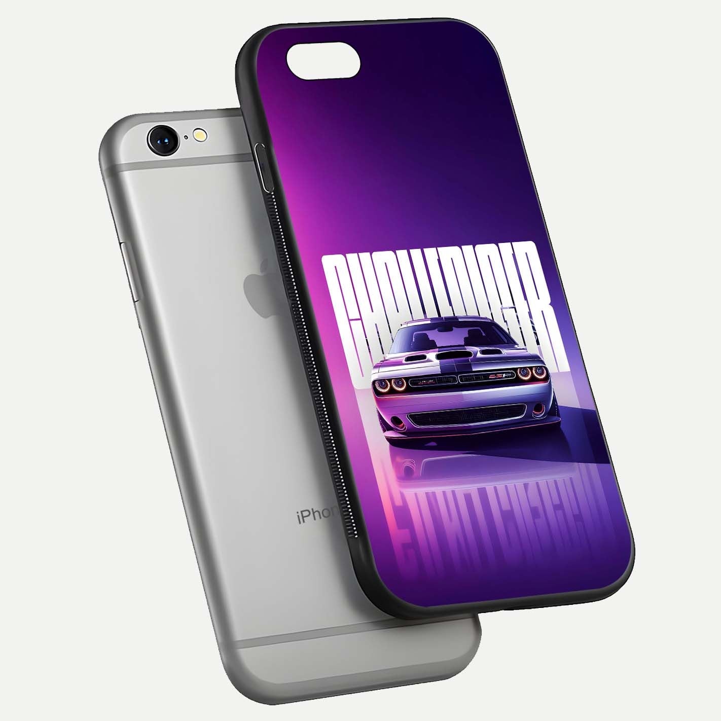 Midnight Muscle Ride Glass Case for iPhone 16 Pro floating dual-view mockup showing glossy finish and shine depth