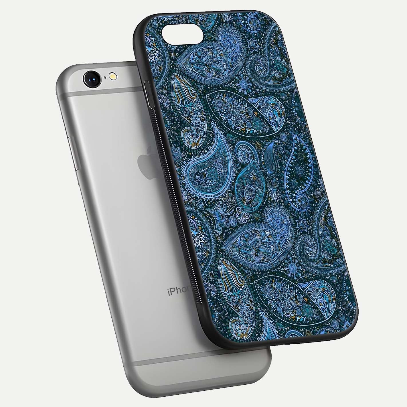 Midnight Paisley Glow Glass Case for iPhone 16 Pro floating dual-view mockup showing HD gloss and rich pattern