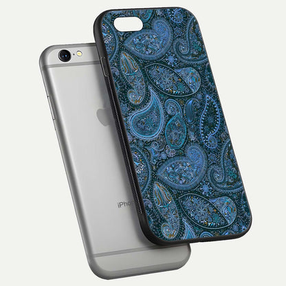 Midnight Paisley Glow Glass Case for iPhone 16 Pro floating dual-view mockup showing HD gloss and rich pattern