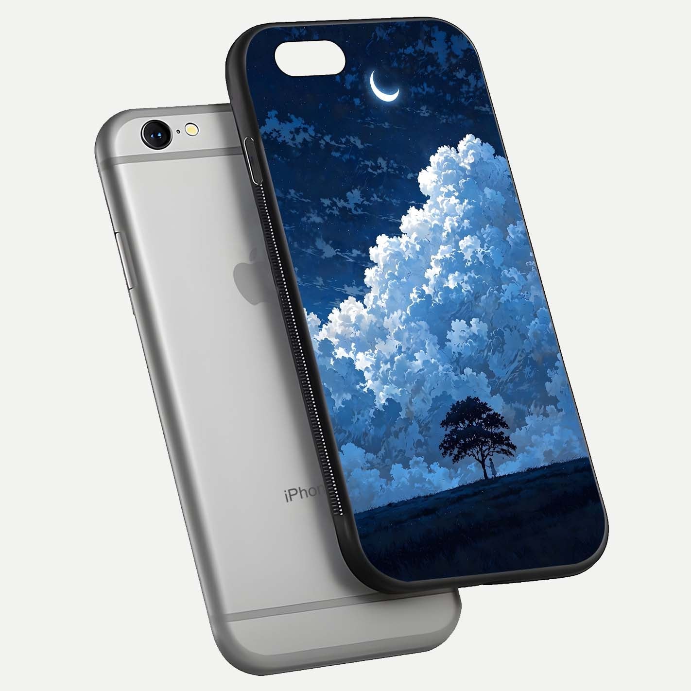Midnight Sky Serenity Glass Case for iPhone 16 Pro floating dual-view mockup showing HD gloss and night shine