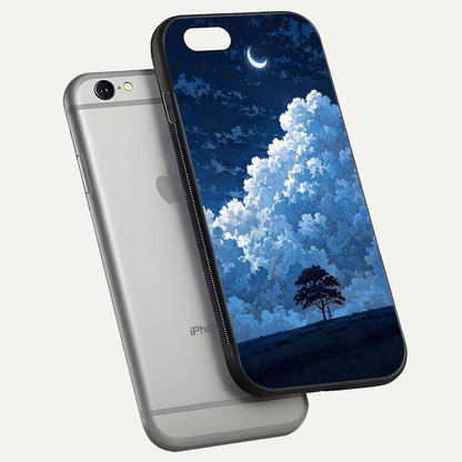 Midnight Sky Serenity Glass Case for iPhone 16 Pro floating dual-view mockup showing HD gloss and night shine