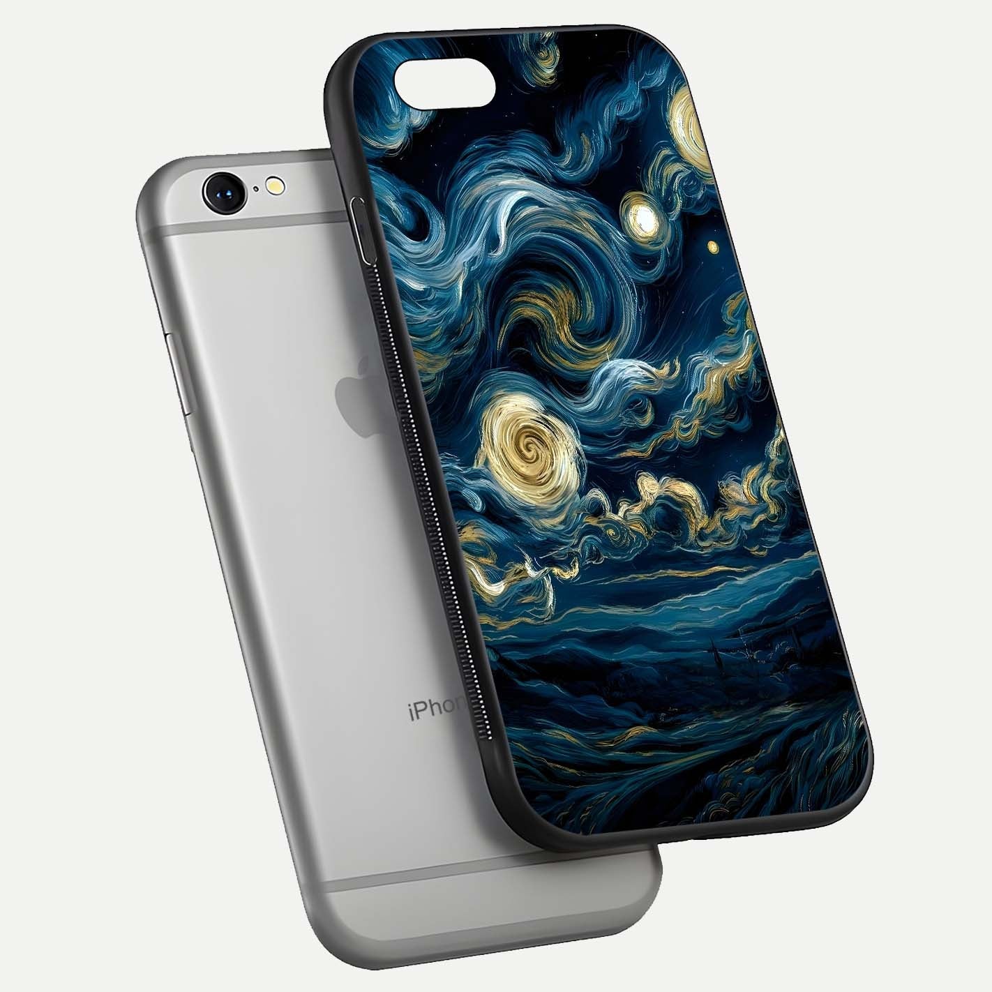 Midnight Sky Whirl Glass Case for iPhone 16 Pro floating dual-view mockup showing gloss texture and shine