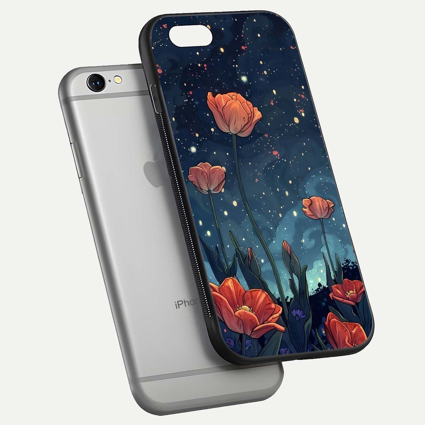 Midnight Tulip Glow Glass Case for iPhone 16 Pro floating dual-view mockup showing HD gloss and tulip tone