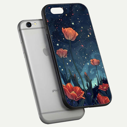 Midnight Tulip Glow Glass Case for iPhone 16 Pro floating dual-view mockup showing HD gloss and tulip tone