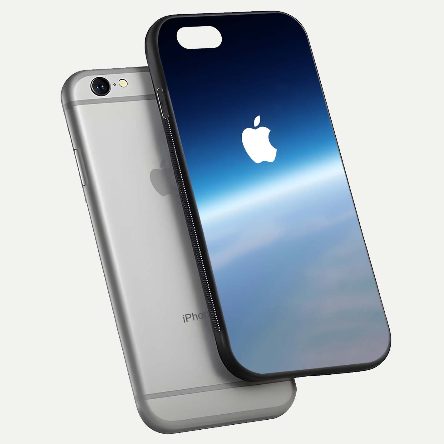 Minimal Apple Sky Glass Case for iPhone 16 Pro floating dual-view mockup showing HD gloss and Apple design
