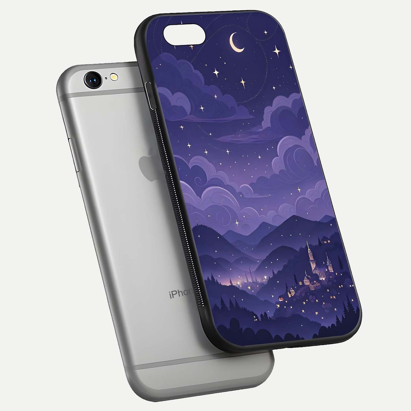 Minimal Night View Glass Case for iPhone 16 Pro floating dual-view mockup showing HD gloss and clean lines