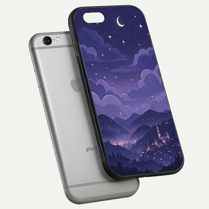 Minimal Night View Glass Case for iPhone 16 Pro floating dual-view mockup showing HD gloss and clean lines
