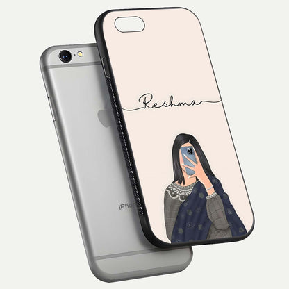 Mirror Mood Muse Custom Name Glass Case for iPhone 16 Pro floating dual-view mockup showing reflection and luxury style