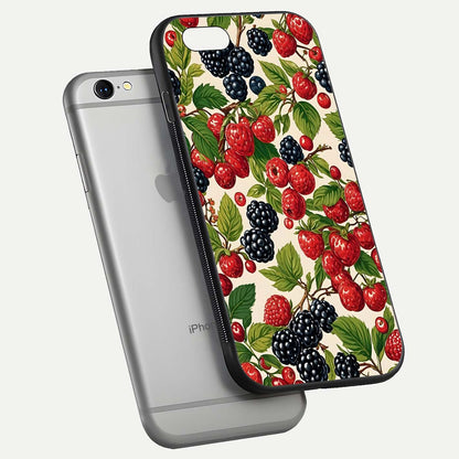 Mixed Berry Collage Glass Case for iPhone 16 Pro floating dual-view mockup showing gloss depth and vibrant design