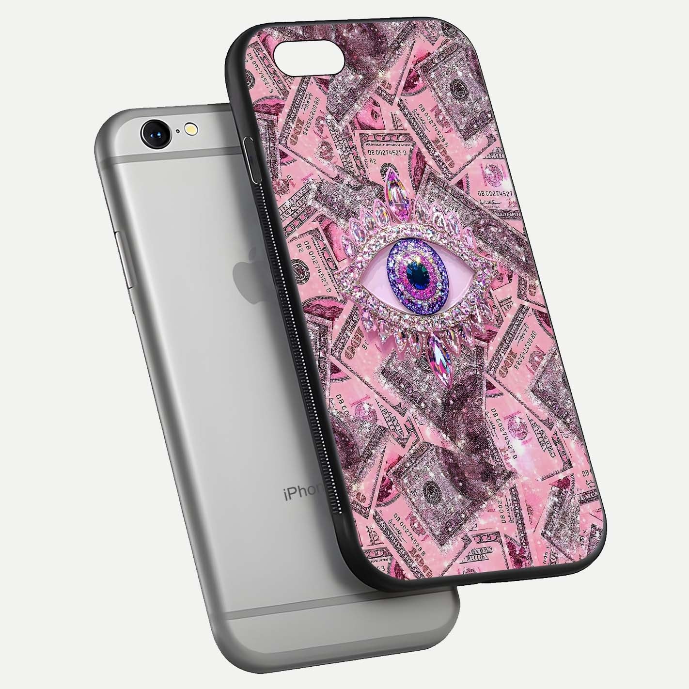 Money Eye Luxe Glass Case for iPhone 16 Pro floating dual-view mockup showing gloss surface and premium look