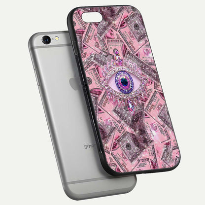 Money Eye Luxe Glass Case for iPhone 16 Pro floating dual-view mockup showing gloss surface and premium look