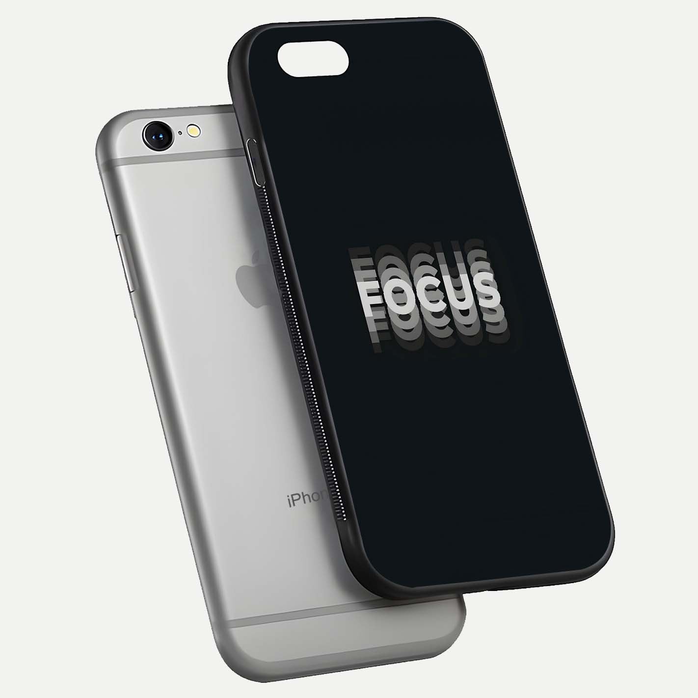 Mono Focus Vision Glass Case for iPhone 16 Pro floating dual-view mockup showing HD gloss and elegant simplicity