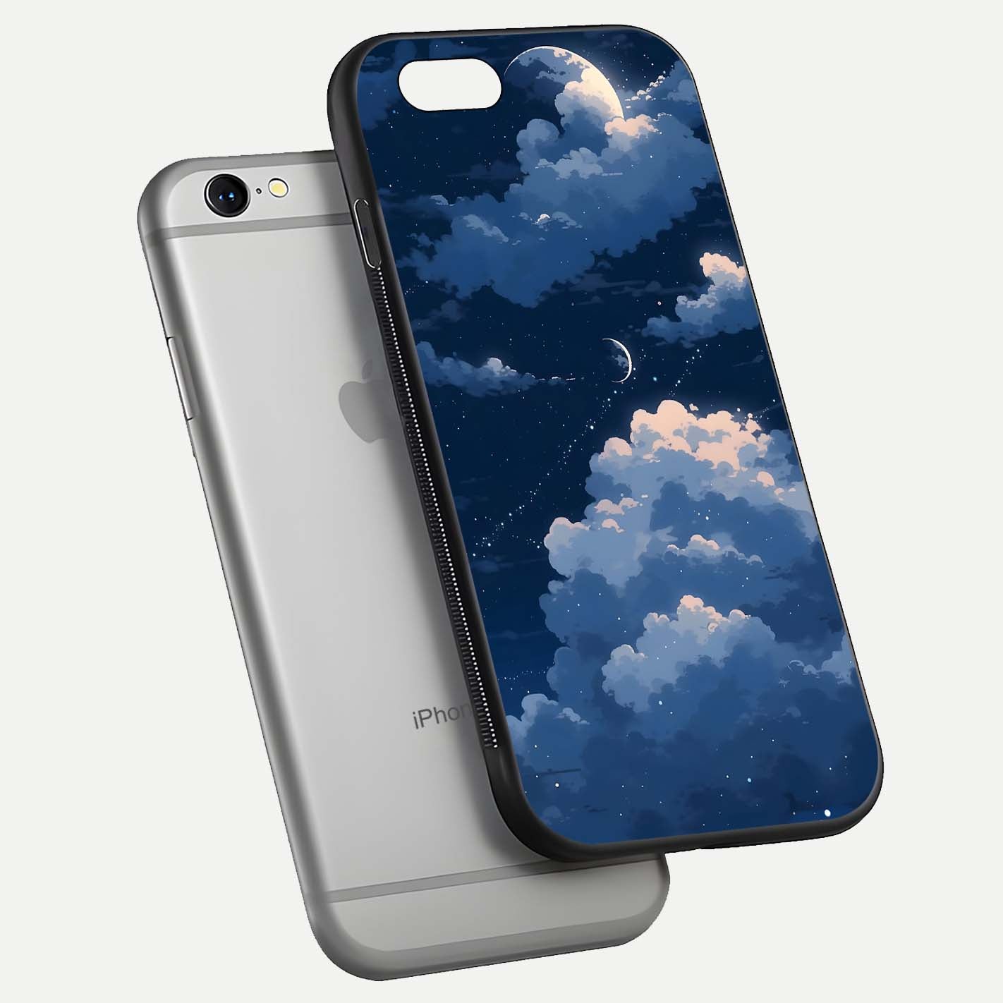 Moon Dream Haze Glass Case for iPhone 16 Pro floating dual-view mockup showing gloss texture and calm tones