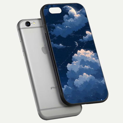 Moon Dream Haze Glass Case for iPhone 16 Pro floating dual-view mockup showing gloss texture and calm tones
