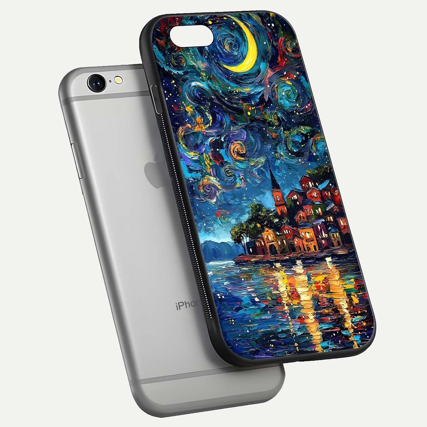 Moonlight Harbor Glow Glass Case for iPhone 16 Pro floating dual-view mockup showing gloss brightness and glow