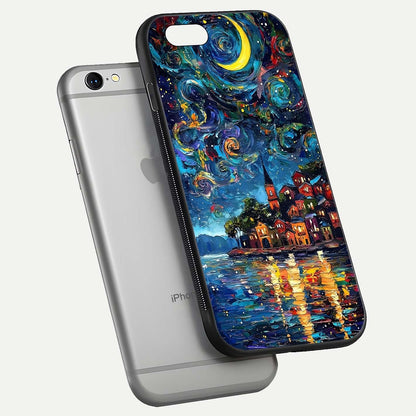 Moonlight Harbor Glow Glass Case for iPhone 16 Pro floating dual-view mockup showing gloss brightness and glow