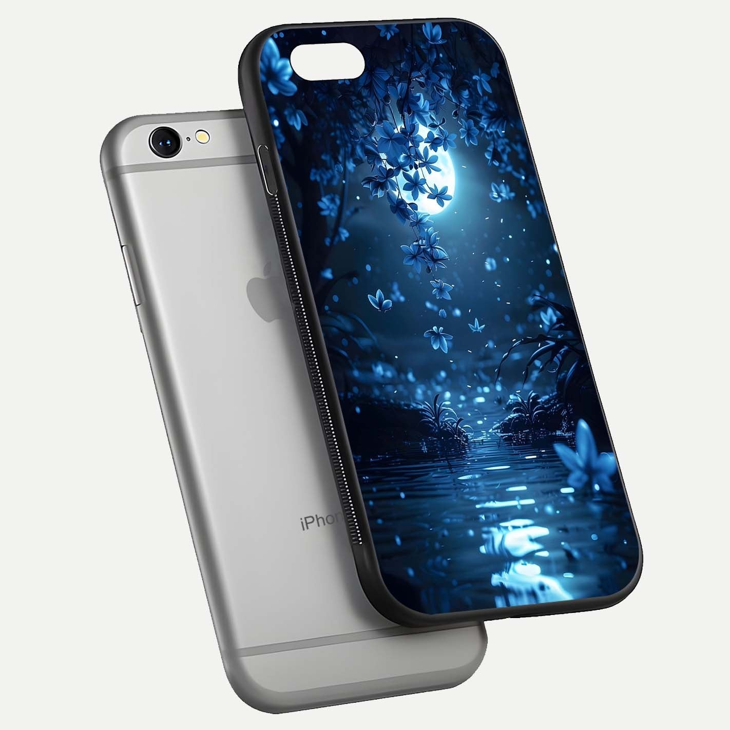 Moonlight Petal Dream Glass Case for iPhone 16 Pro floating dual-view mockup showing HD gloss and dreamy art