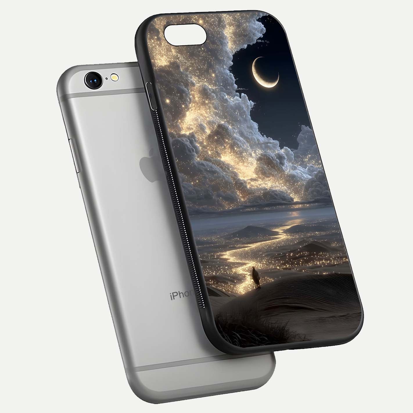 Moonlight Spark Path Glass Case for iPhone 16 Pro floating dual-view mockup showing gloss finish and shine depth