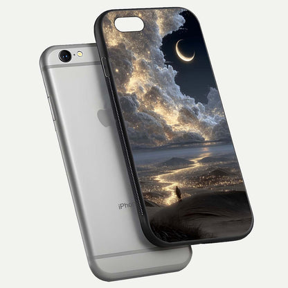 Moonlight Spark Path Glass Case for iPhone 16 Pro floating dual-view mockup showing gloss finish and shine depth