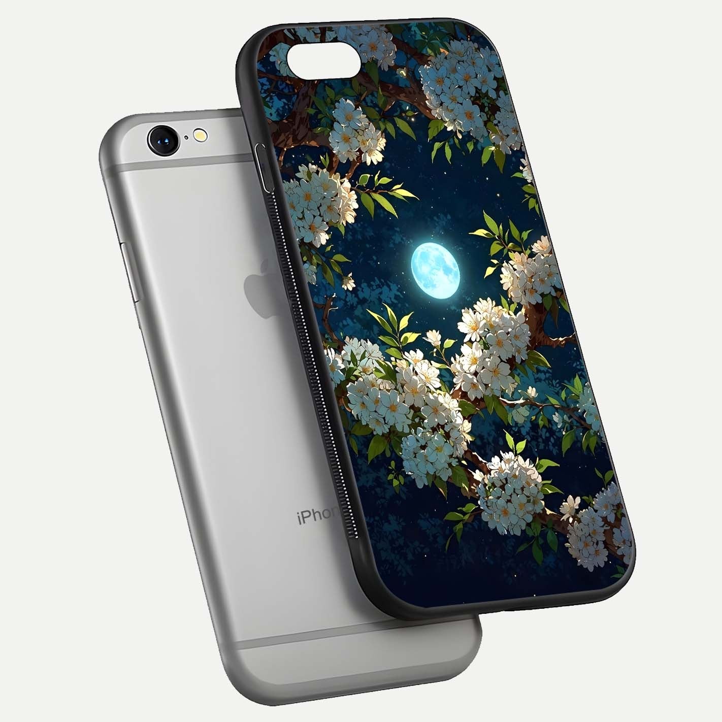Moonlit Blossom Dream Glass Case for iPhone 16 Pro floating dual-view mockup showing gloss texture and floral tone