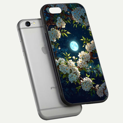Moonlit Blossom Dream Glass Case for iPhone 16 Pro floating dual-view mockup showing gloss texture and floral tone