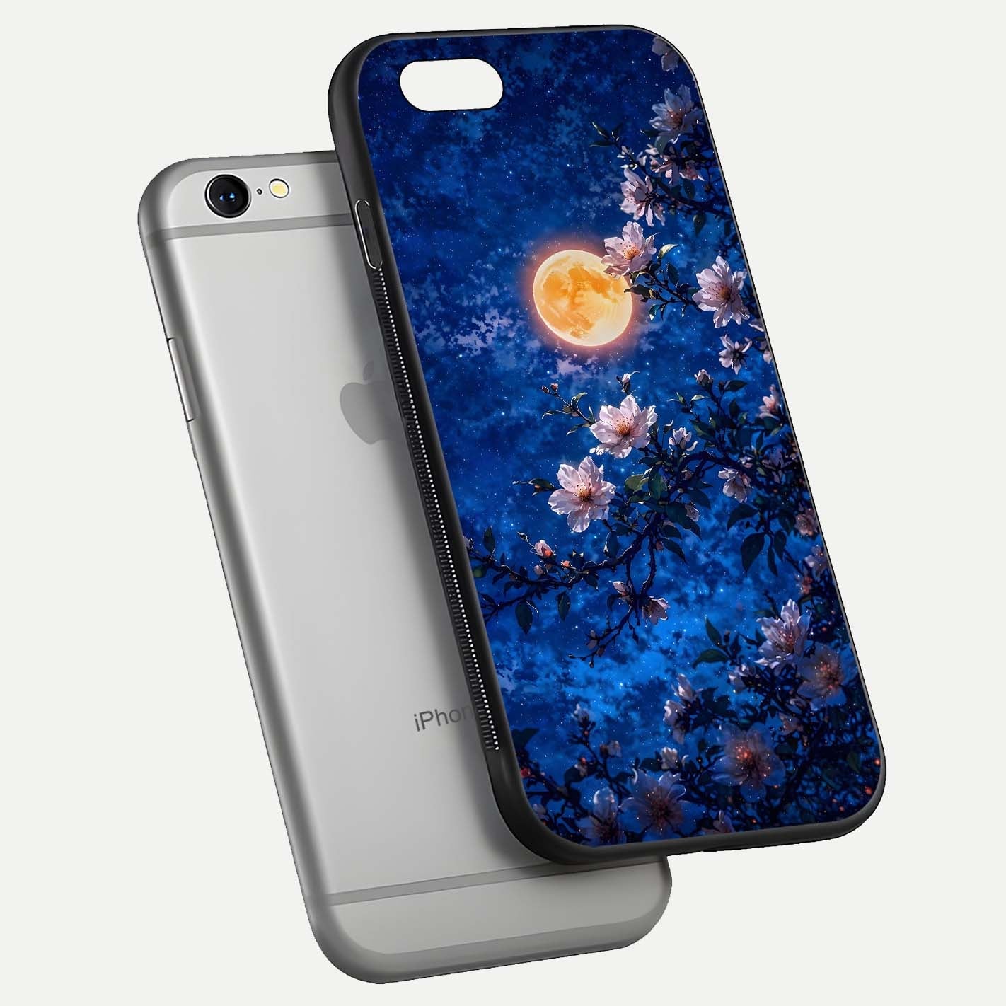 Moonlit Blossoms Night Glass Case for iPhone 16 Pro floating dual-view mockup showing HD gloss and floral contrast