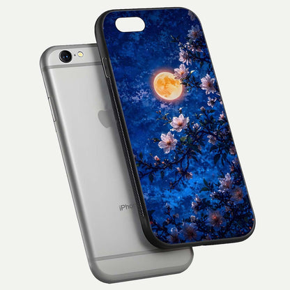 Moonlit Blossoms Night Glass Case for iPhone 16 Pro floating dual-view mockup showing HD gloss and floral contrast