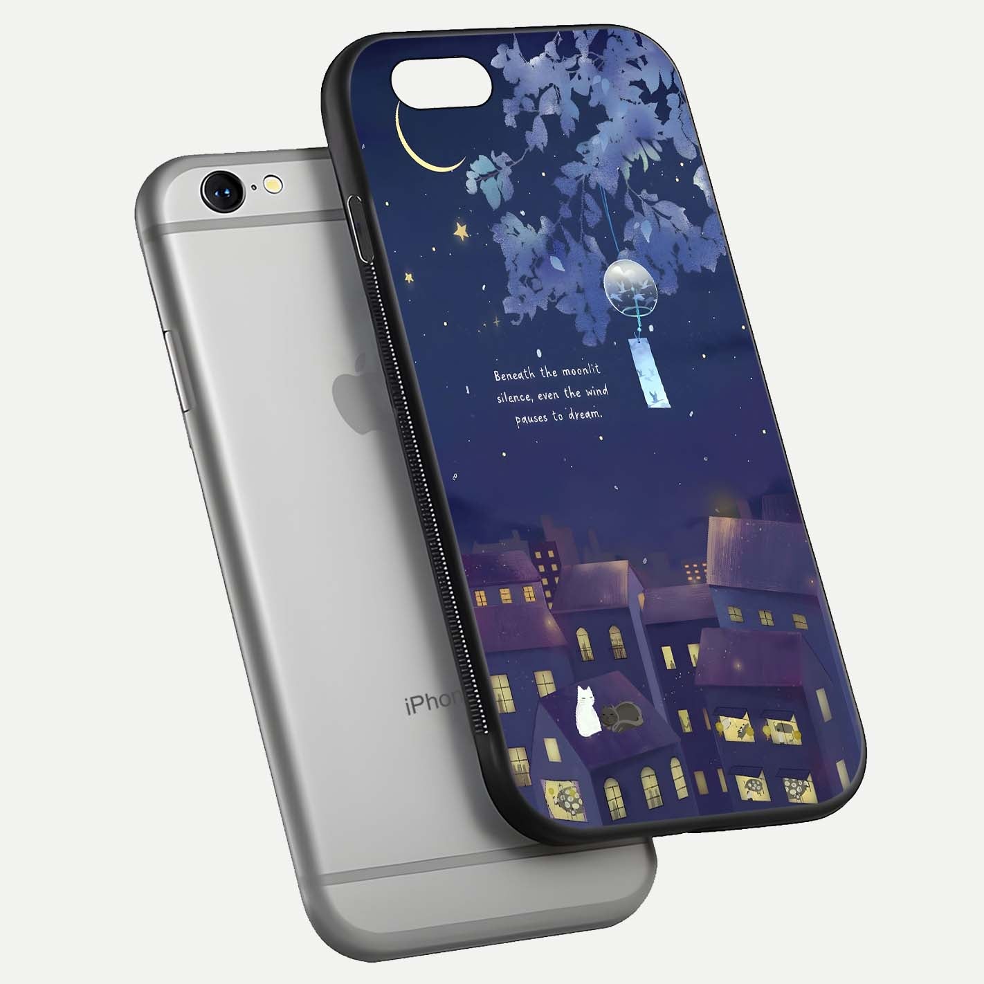 Moonlit Cat Silence Glass Case for iPhone 16 Pro floating dual-view mockup showing gloss reflection and moon art