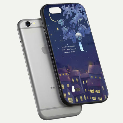 Moonlit Cat Silence Glass Case for iPhone 16 Pro floating dual-view mockup showing gloss reflection and moon art