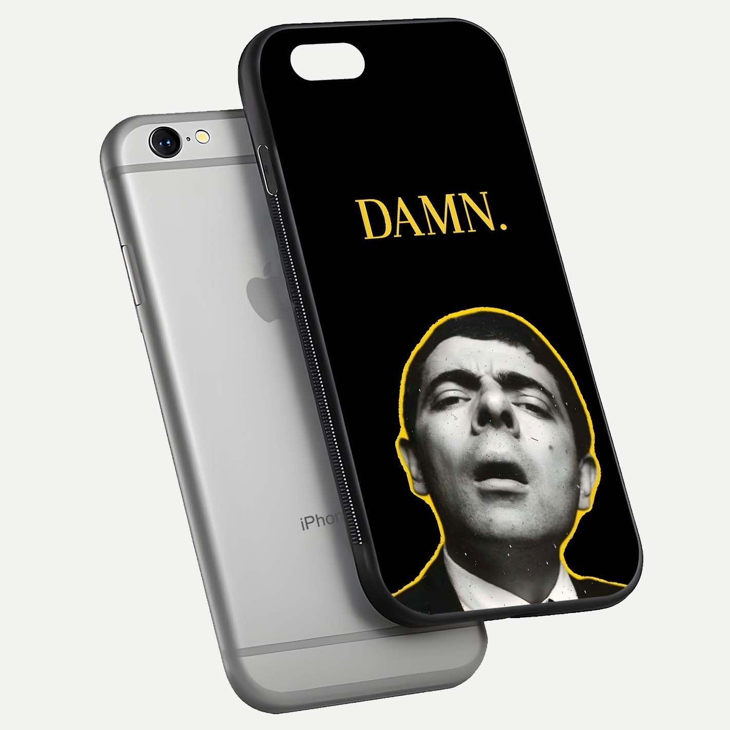 Mr Bean Damn Glass Case for iPhone 16 Pro floating dual-view mockup showing reflective gloss and vivid tones