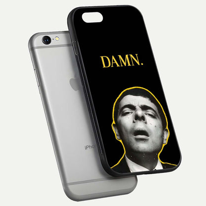 Mr Bean Damn Glass Case for iPhone 16 Pro floating dual-view mockup showing reflective gloss and vivid tones