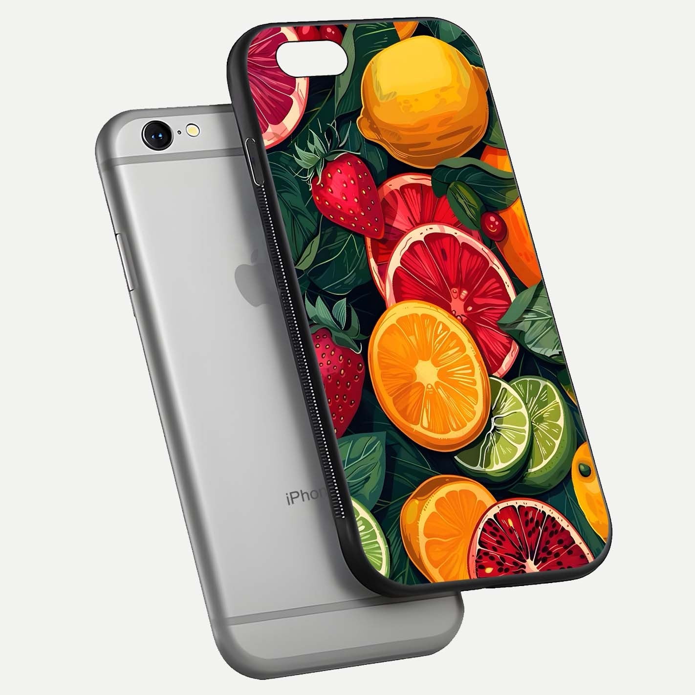 Multiple Fruits Glass Case for iPhone 16 Pro floating dual-view mockup showing reflection depth and freshness