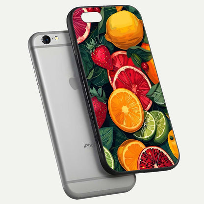 Multiple Fruits Glass Case for iPhone 16 Pro floating dual-view mockup showing reflection depth and freshness