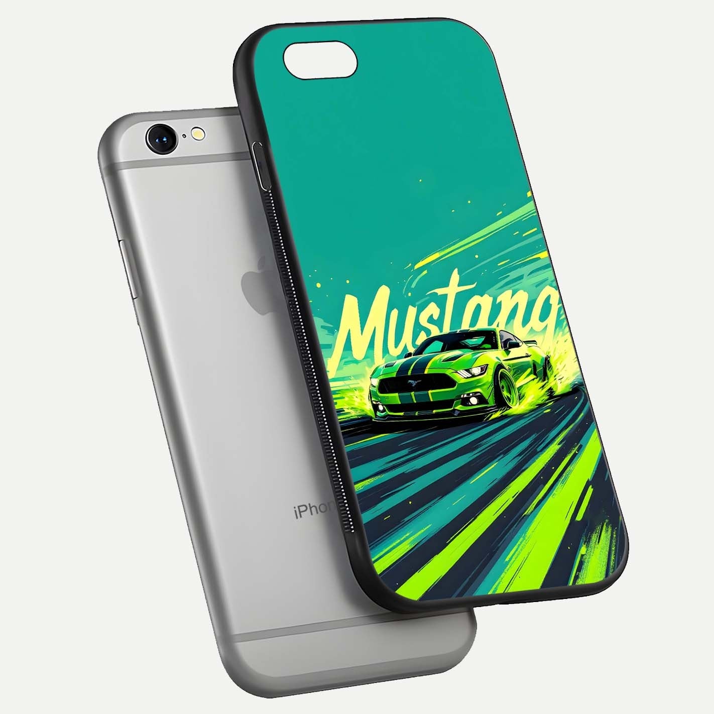 Mustang Bang Glass Case for iPhone 16 Pro floating dual-view mockup showing gloss depth and power design