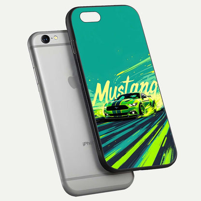 Mustang Bang Glass Case for iPhone 16 Pro floating dual-view mockup showing gloss depth and power design