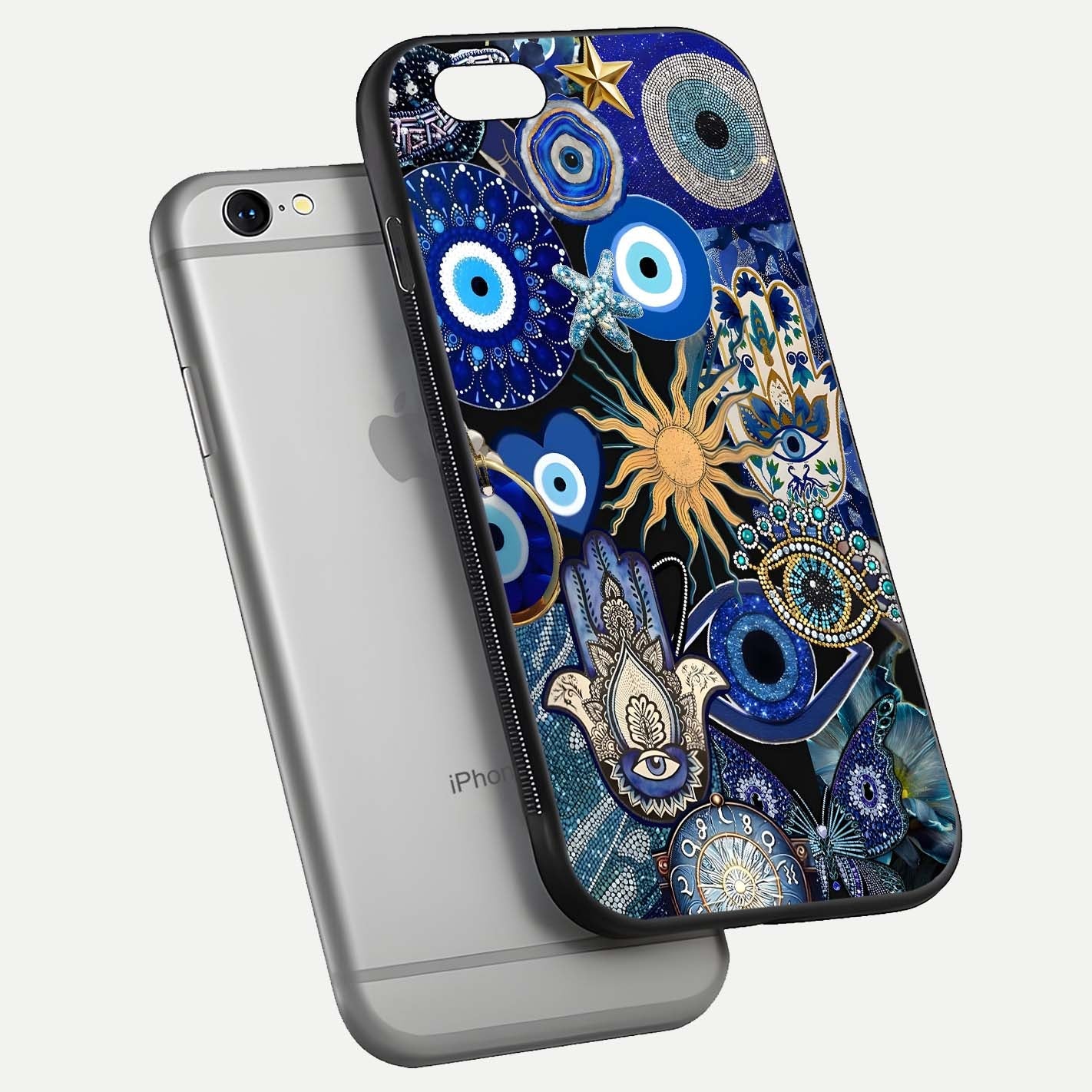 Mystic Blue Evil Eye Glass Case for iPhone 16 Pro floating dual-view mockup showing gloss depth and sacred symbol