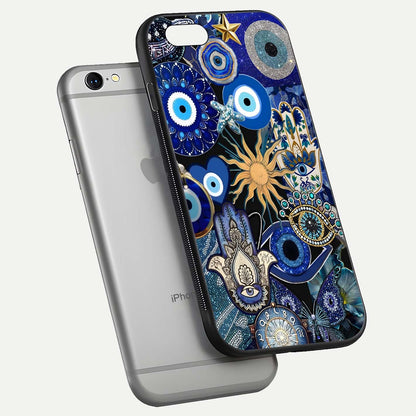 Mystic Blue Evil Eye Glass Case for iPhone 16 Pro floating dual-view mockup showing gloss depth and sacred symbol