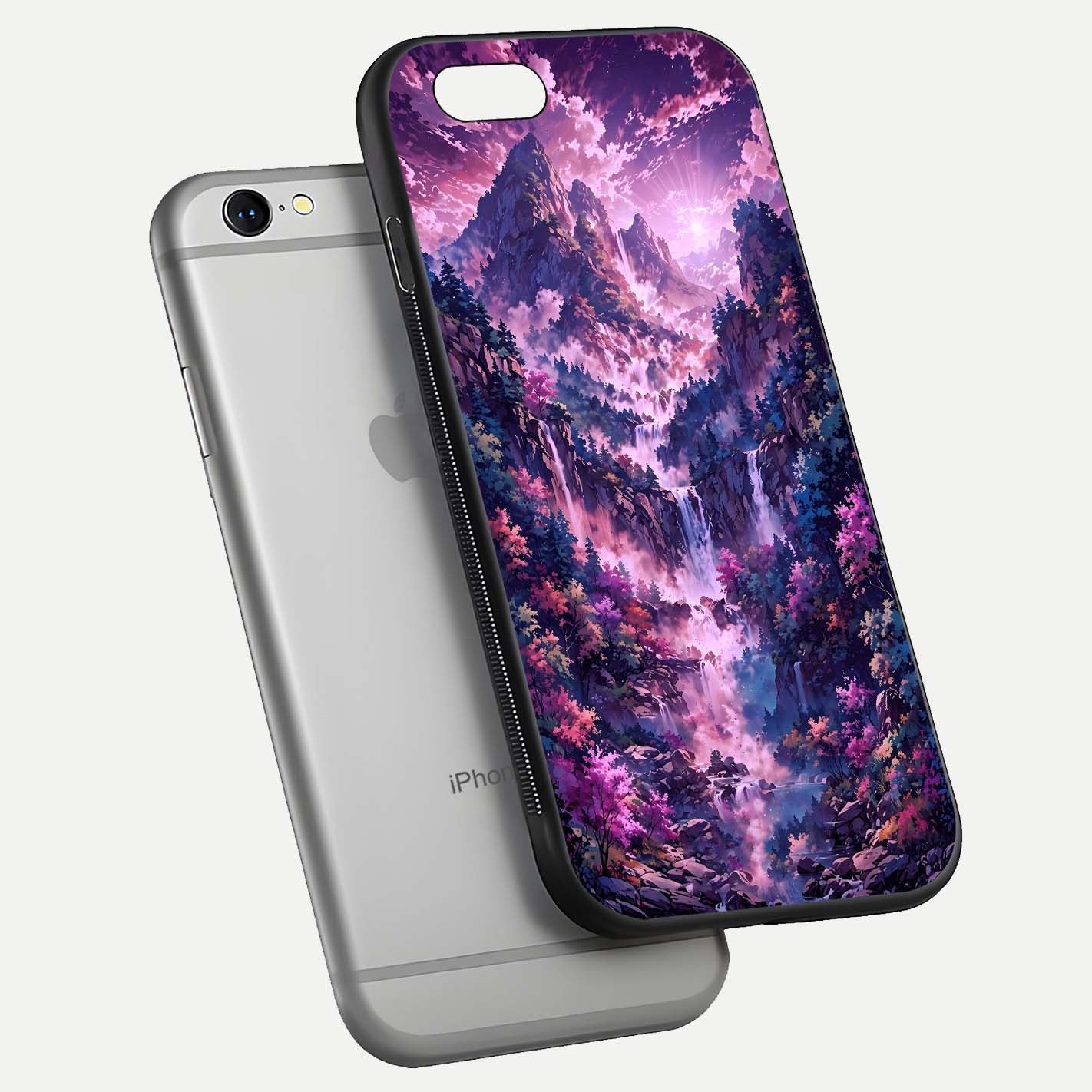 Mystic Cascade Peaks Glass Case for iPhone 16 Pro floating dual-view mockup showing gloss texture and depth