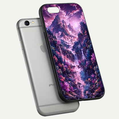 Mystic Cascade Peaks Glass Case for iPhone 16 Pro floating dual-view mockup showing gloss texture and depth