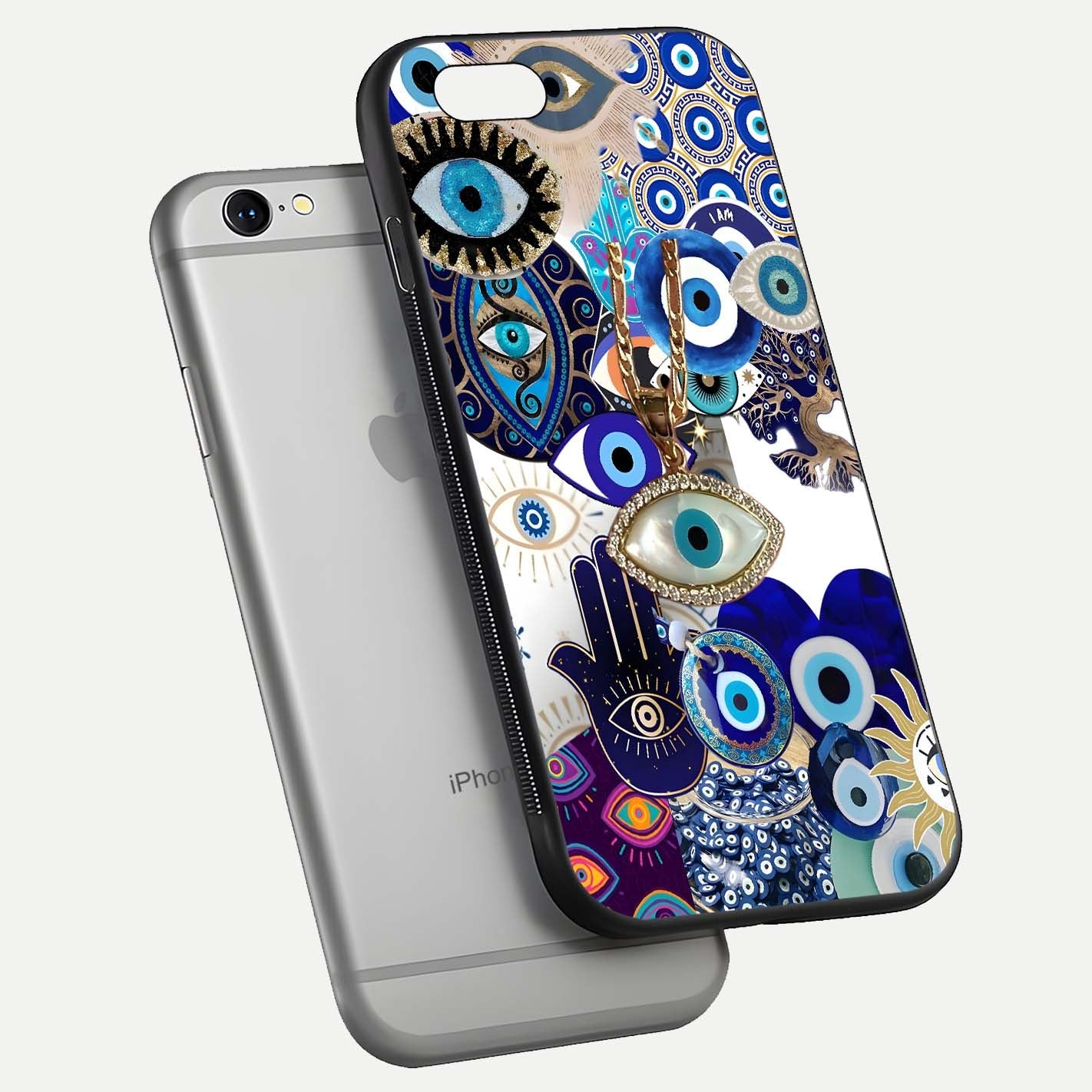 Mystic Charm Eye Glass Case for iPhone 16 Pro floating dual-view mockup showing gloss glow and charm symbol