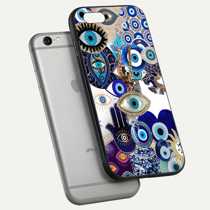 Mystic Charm Eye Glass Case for iPhone 16 Pro floating dual-view mockup showing gloss glow and charm symbol