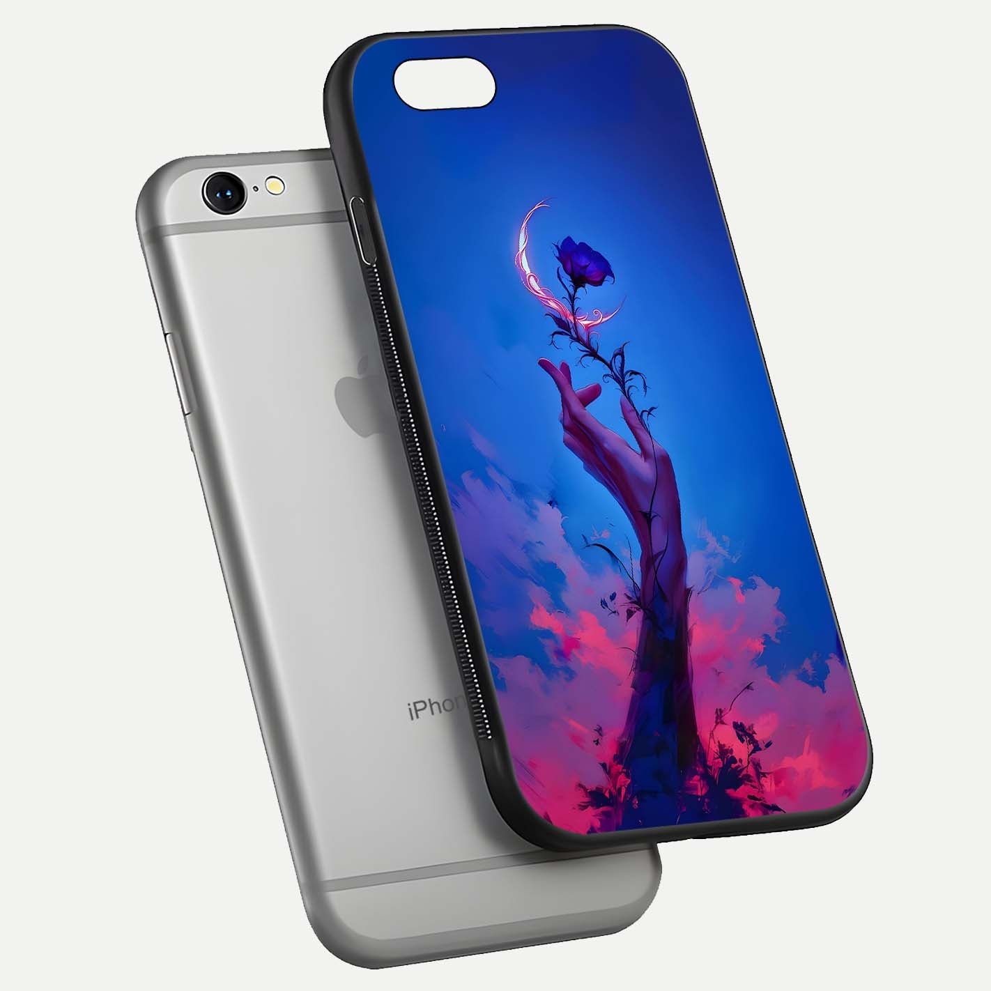 Mystic Hand Glass Case for iPhone 16 Pro floating dual-view mockup showing HD shine and fine palm detail