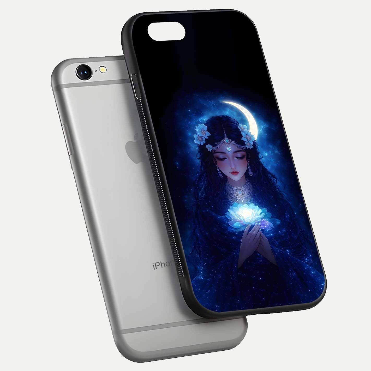 Mystic Moon Queen Glass Case for iPhone 16 Pro floating dual-view mockup showing HD gloss and cosmic glow